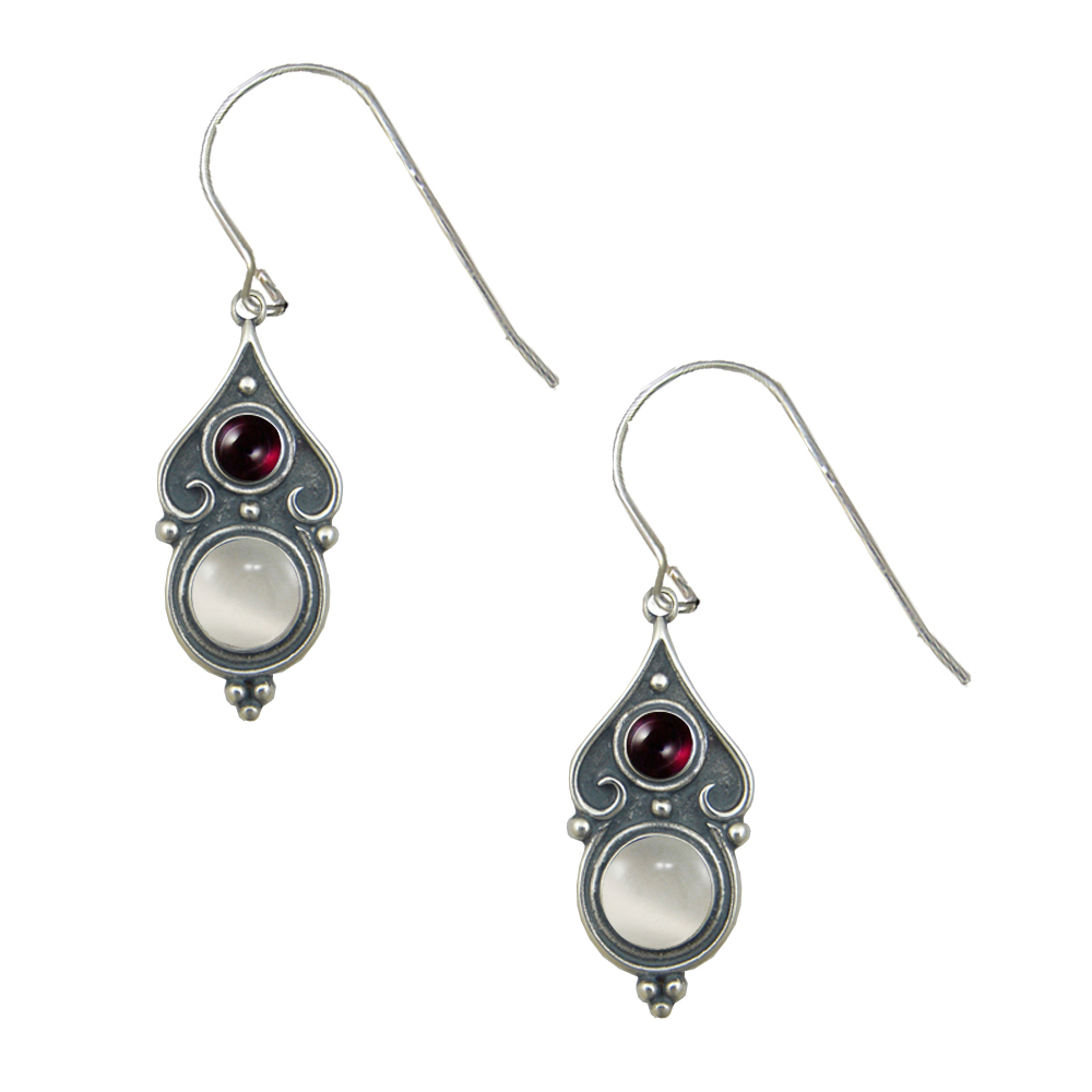 Sterling Silver Designer Post Stud Earrings With White Moonstone And Garnet